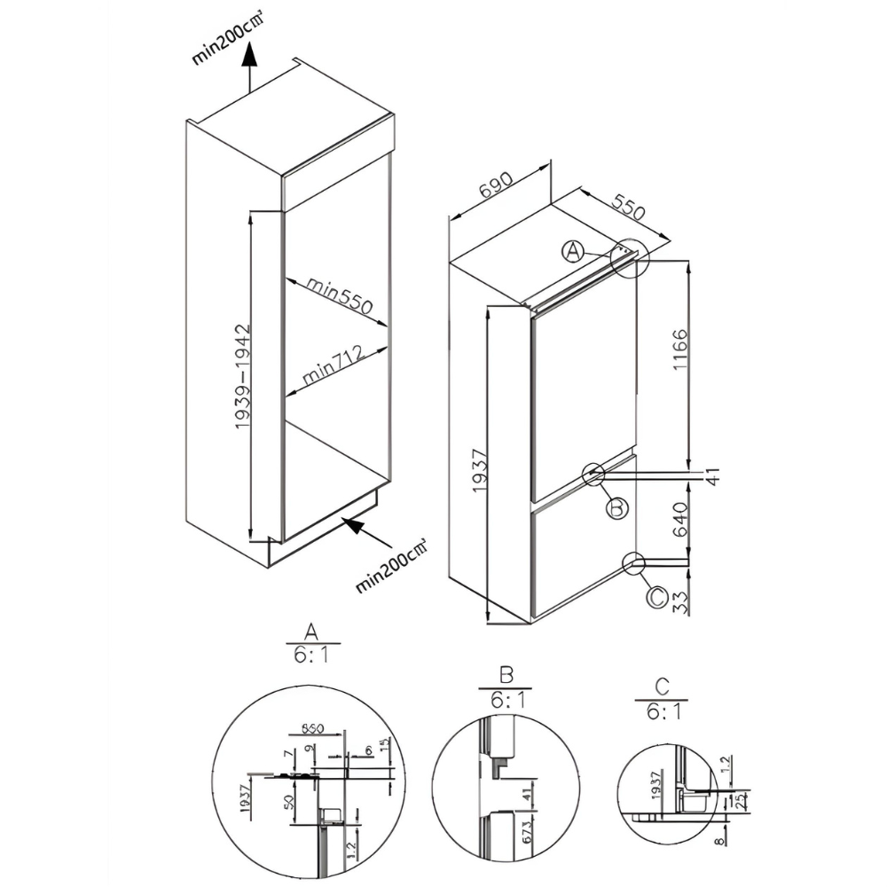 מקרר אינטגרלי מקפיא תחתון 341 ליטר 70 ס"מ Gorenje NRKI619EA3 No Frost Plus - יבואן רשמי