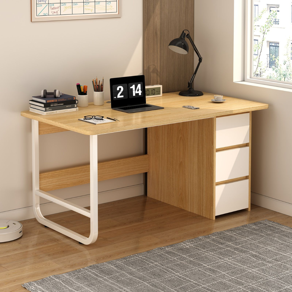 שולחן מחשב כתיבה כולל מגירות רוחב 100 ס"מ Rosso Italy MSR-1142 - צבע עץ בהיר מגירות לבנות - יבואן רשמי