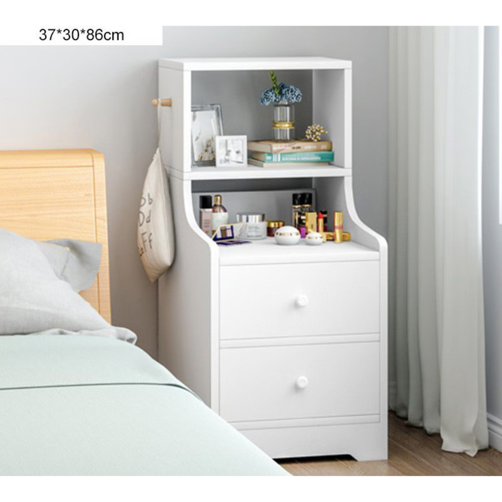 שידת לילה גבוהה בעיצוב ייחודי עם שתי מגירות ומדפים דגם RSM-2089 צבע לבן מבית Rosso italy - יבואן רשמי