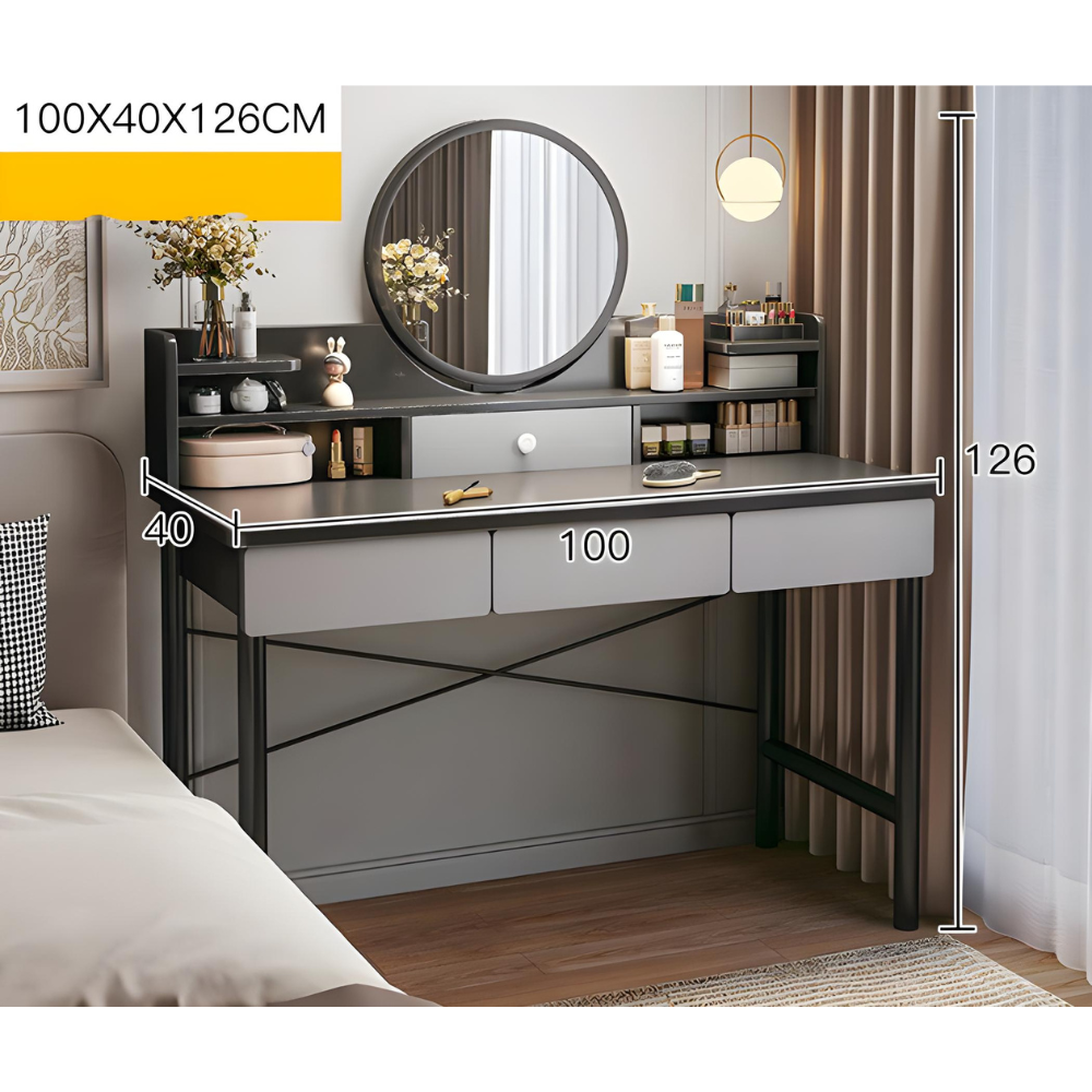 שידת איפור עם מראה רוחב 100 ס"מ דגם RSM-1016 מבית ROSSO ITALY צבע אפור כהה מגירות אפורות - יבואן רשמי