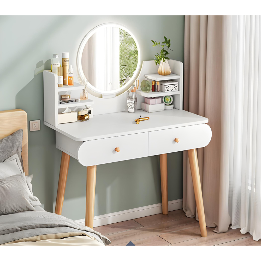 סט שידת איפור עם מראה ותאורת לד רוחב 80 סמ דגם RSM-2073 צבע לבן והדום בד יוקרתי דגם RSM-3014 שמנת מבית ROSSO ITALY - יבואן רשמי