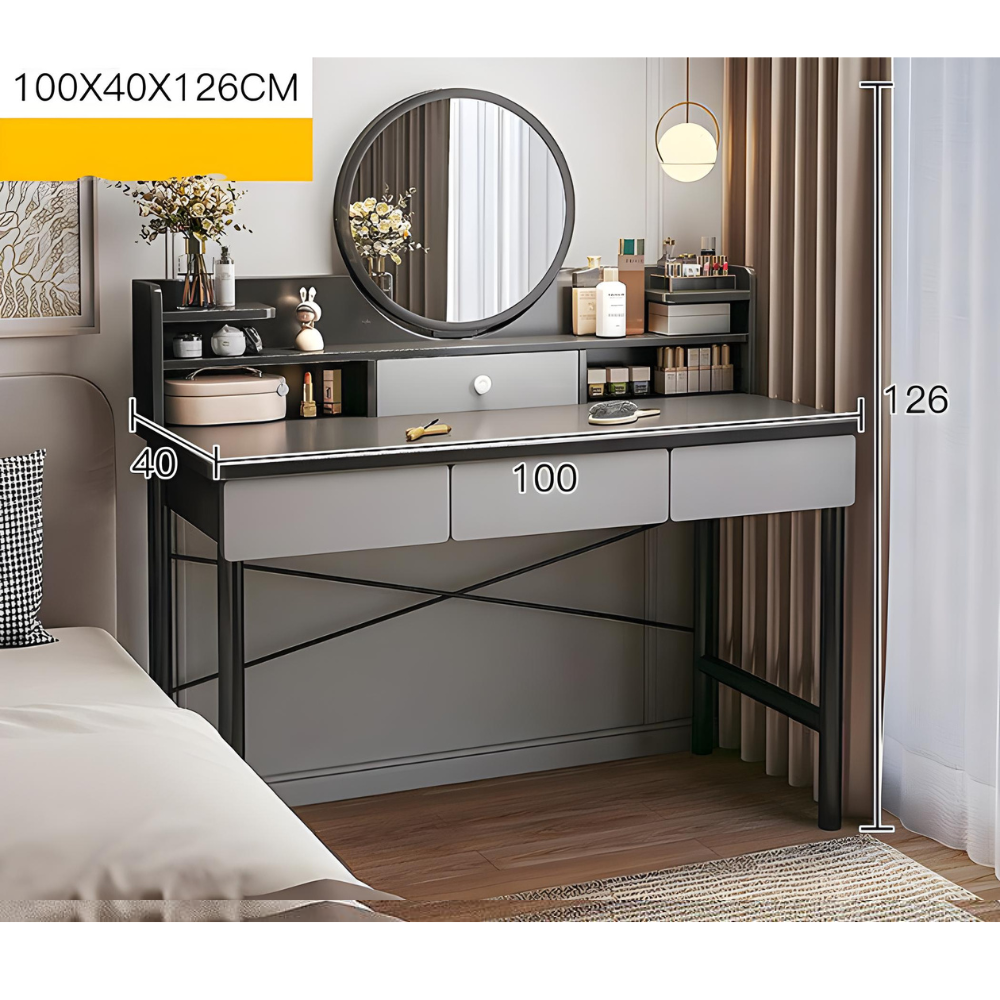 סט שידת איפור עם מראה רוחב 100 ס"מ דגם RSM-1016 צבע אפור מגירות כהות והדום בד יוקרתי דגם RSM-3014 שמנת ROSSO ITALY - יבואן רשמי