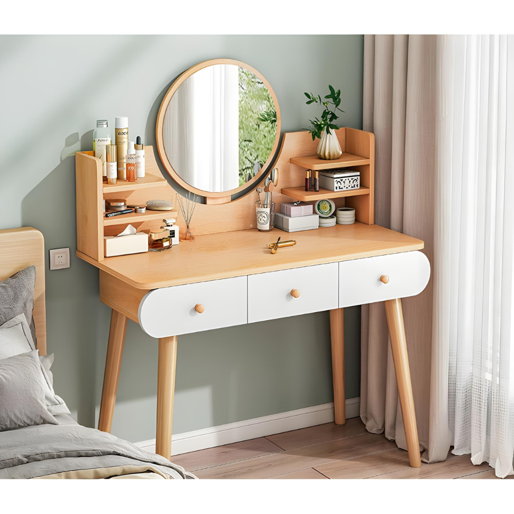 סט שידת איפור עם מראה רוחב 100 סמ דגם MSH-10-30 צבע עץ בהיר והדום בד יוקרתי דגם RSM-3014 שמנת מבית ROSSO ITALY - יבואן רשמי