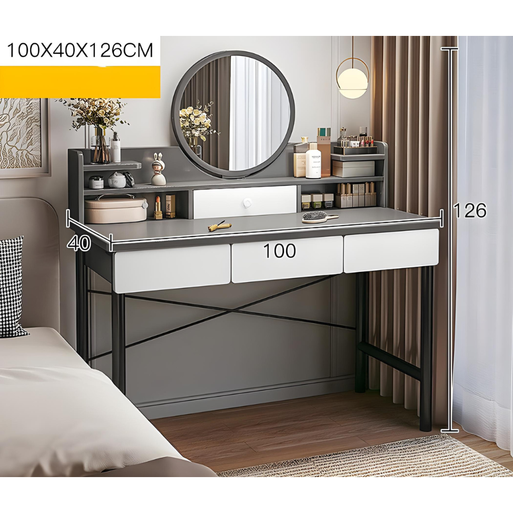 סט שידת איפור עם מראה רוחב 100 ס"מ דגם RSM-1016 צבע אפור מגירות לבנות והדום בד יוקרתי דגם RSM-3014 שמנת ROSSO ITALY - יבואן רשמי