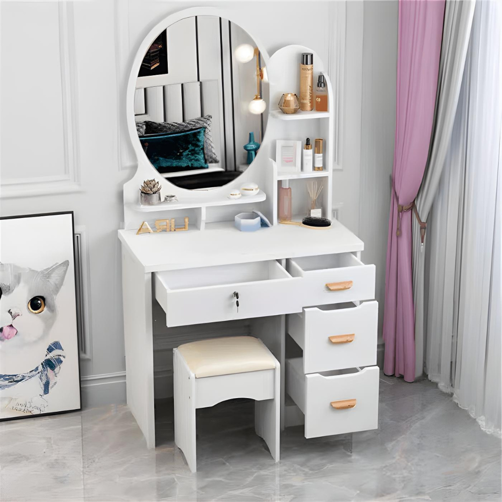 שידת איפור מודרנית רוחב 80 ס"מ דגם RSM-5017 עם מראה וכסא ROSSO ITALY - צבע לבן - יבואן רשמי