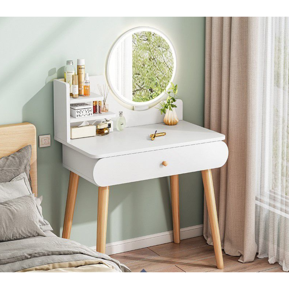 סט שידת איפור עם מראה ותאורת לד רוחב 60 סמ דגם RSM-2072 צבע לבן והדום בד יוקרתי דגם RSM-3014 שמנת מבית ROSSO ITALY - יבואן רשמי