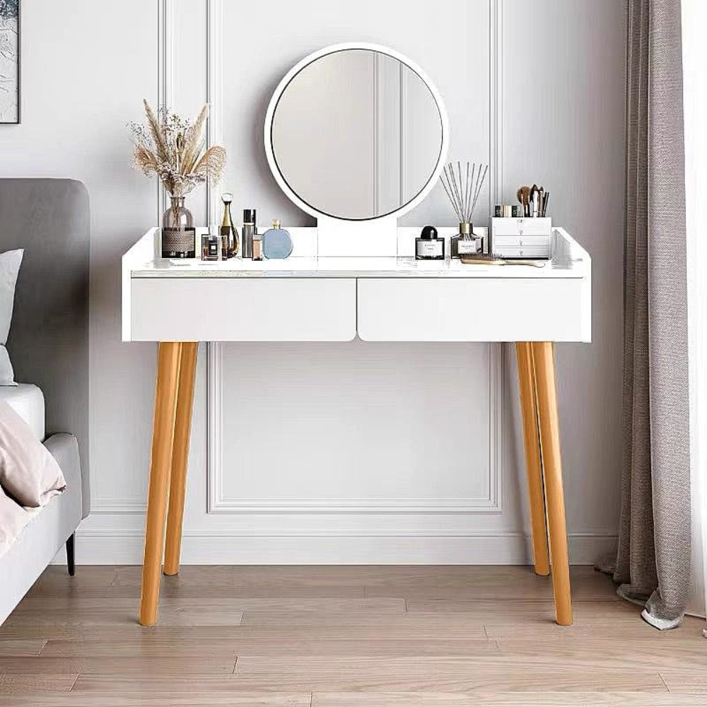 סט שידת איפור עם מראה רוחב 100 סמ דגם RSM-1052 כולל תאורת לד צבע לבן והדום בד יוקרתי דגם RSM-3014 שמנת מבית ROSSO ITALY - יבואן רשמי