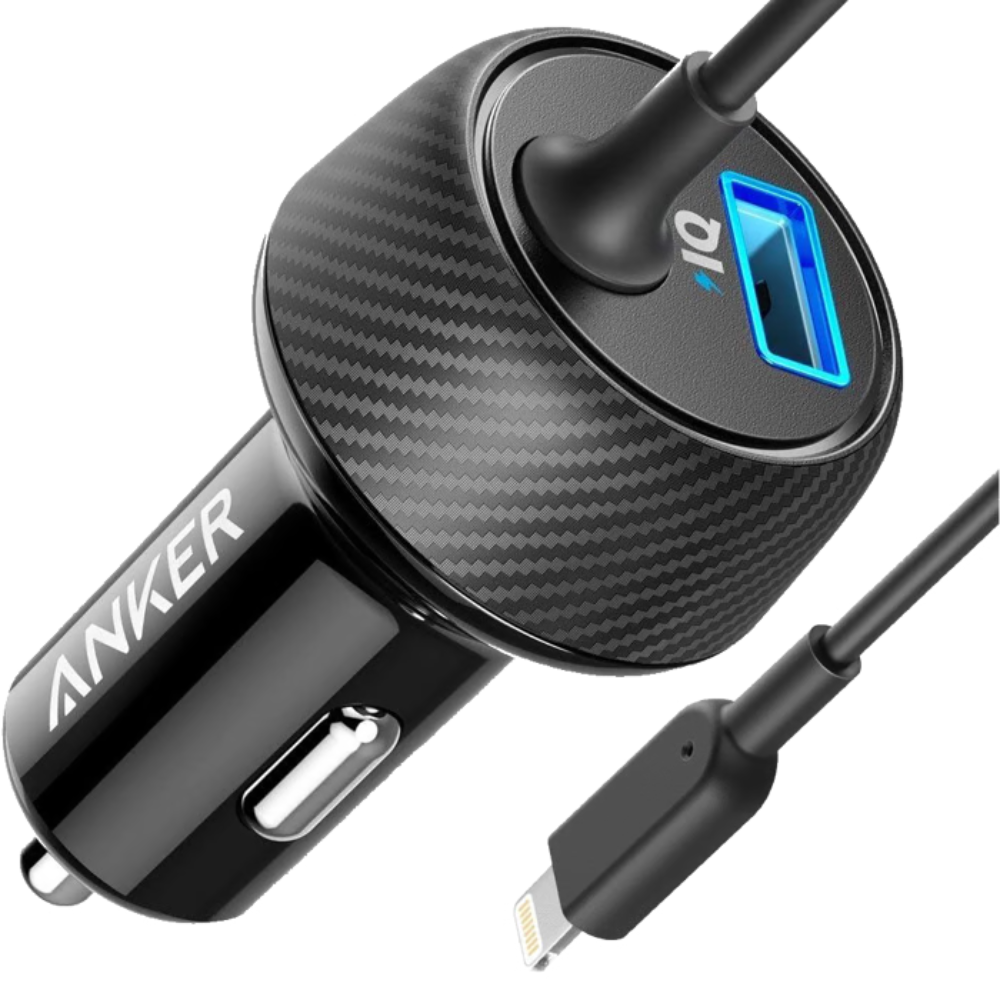 מטען רכב וכבל לאייפון Anker Elite USB Port+Lightning Cable 24W - צבע שחור שנה אחריות ע"י - יבואן רשמי