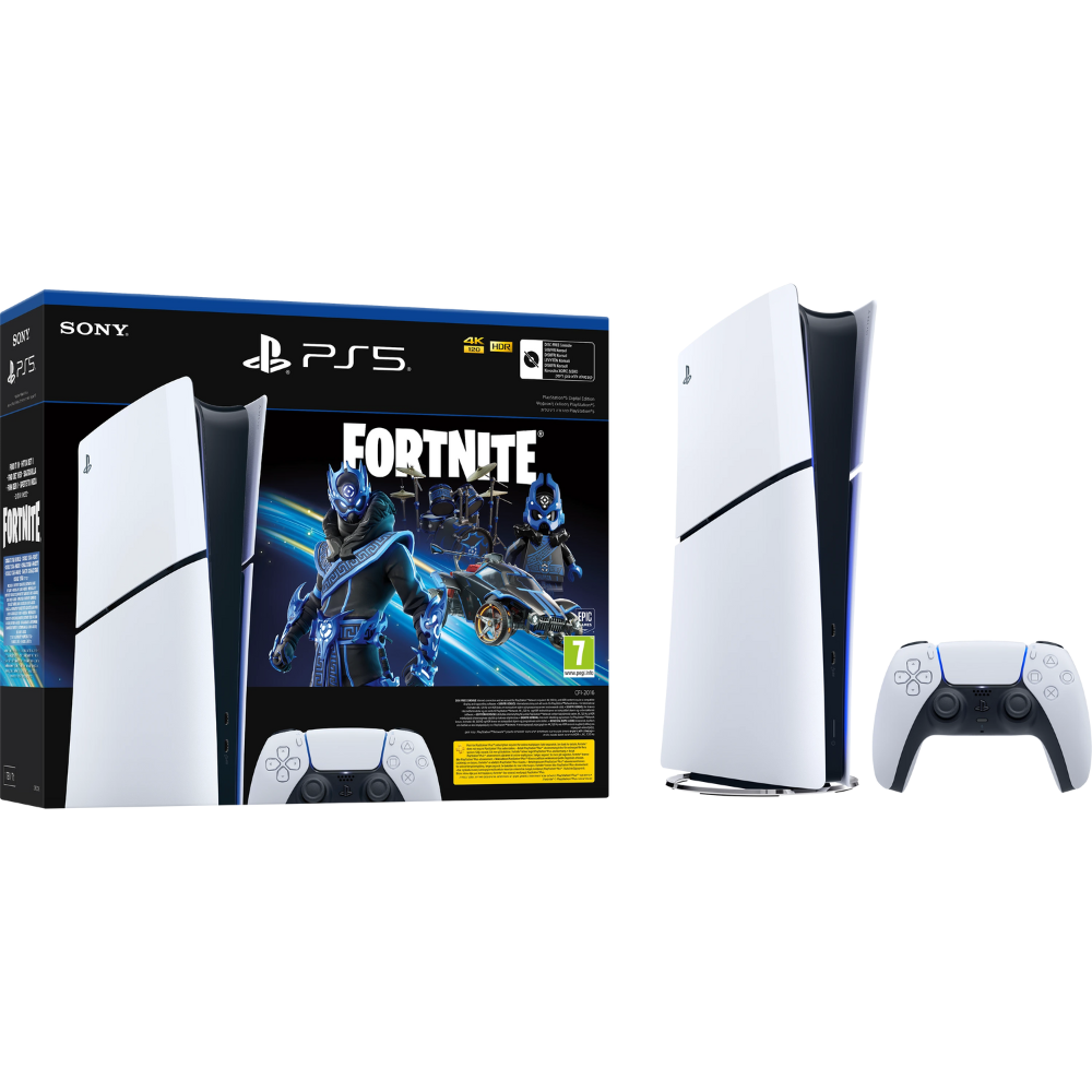 קונסולה Sony PlayStation 5 Slim 1TB Digital Edition כולל שובר למשחק Fortnite - צבע לבן שנה אחריות ע"י - יבואן הרשמי