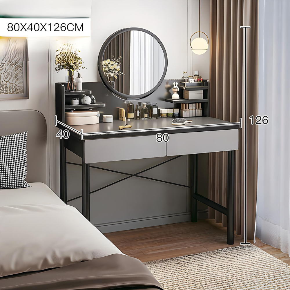 סט שידת איפור עם מראה רוחב 80 סמ דגם RSM-1015 צבע אפור מגירות אפורות והדום בד יוקרתי דגם RSM-3014 שמנת מבית ROSSO ITALY - יבואן רשמי