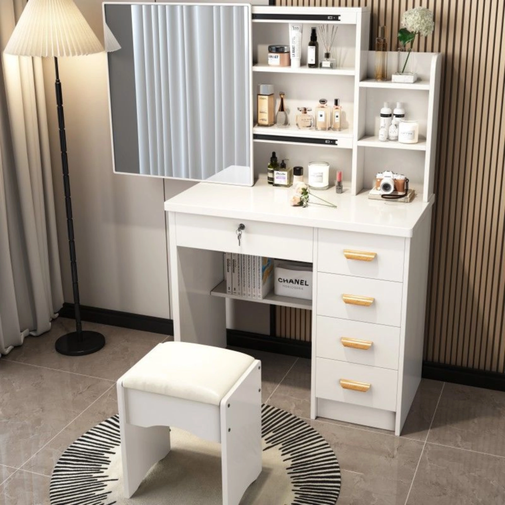 שידת איפור מודרנית רוחב 80 ס"מ דגם RSM-5024 עם מראה וכסא ROSSO ITALY - צבע לבן - יבואן רשמי