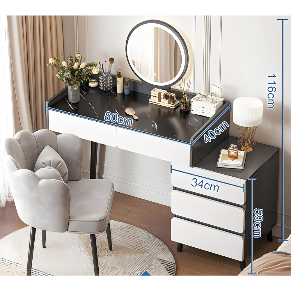 סט שידת איפור עם מראה ותאורת לד רוחב 106 סמ דגם RSM-2063 צבע שחור מגירות לבנות והדום בד יוקרתי דגם RSM-3014 שמנת מבית ROSSO ITALY - יבואן רשמי