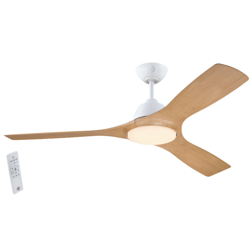 מאוורר תקרה ותאורה פנים/ חוץ עם שלט Westinghouse jessica 52" 24W - צבע לבן בשילוב אלון - K.B.V