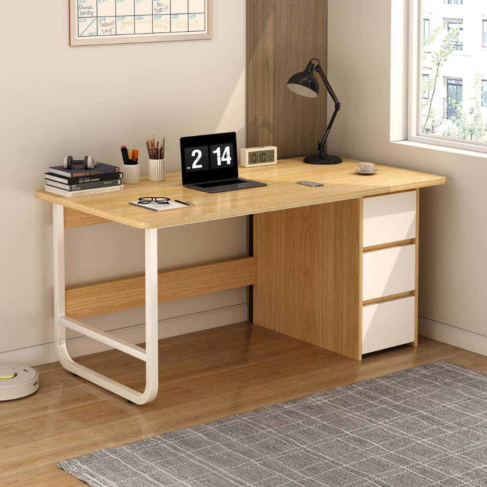 שולחן מחשב כתיבה כולל מגירות רוחב 120 ס"מ Rosso Italy RSM-2000 - עץ בהיר מגירות לבנות - יבואן רשמי