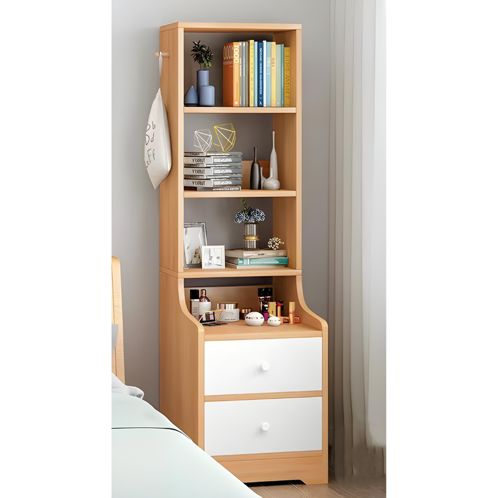 שידת לילה בעיצוב ייחודי עם שתי מגירות ומדפים גובה 142 ס"מ דגם RSM-2091 צבע עץ בשילוב לבן מבית Rosso italy - יבואן רשמי