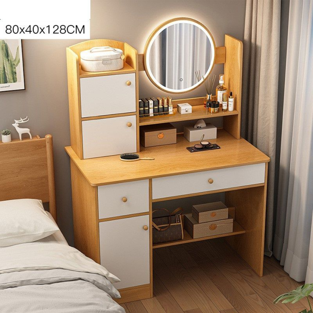 שידת איפור עם מראה ותאורת לד ברוחב 80 ס"מ Rosso Italy RSM-3055 בצבע עץ - יבואן רשמי