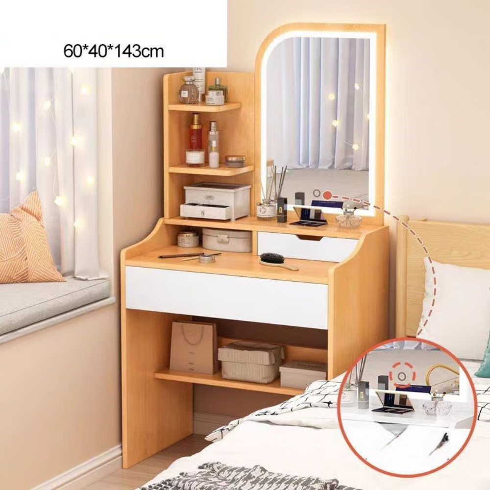 שידת איפור עם מראה ותאורת לד ברוחב 60 ס"מ Rosso Italy RSM-3057 בצבע עץ - יבואן רשמי