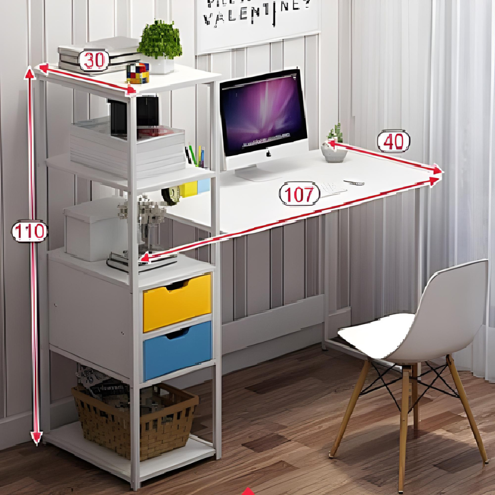 שולחן מחשב ברוחב 105 ס"מ כולל מדפים Rosso Italy RSM-2043 שלדה לבנה בשילוב מגירות צבעוניות - יבואן רשמי