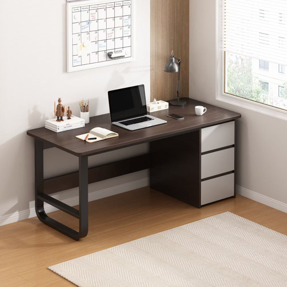 סט שולחן מחשב כתיבה כולל מגירות רוחב 1.2 מטר דגם RSM-2000 עץ כהה ומגירות לבנות וכסא מחשב אורטופדי דגם MSH-10-6 שחור ROSSO ITALY - יבואן רשמי