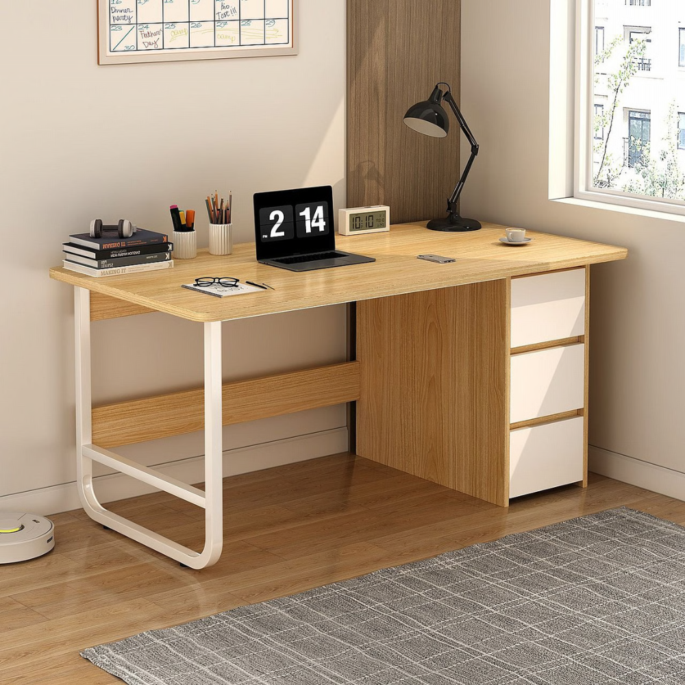 סט שולחן מחשב כתיבה כולל מגירות רוחב 1.2 מטר דגם RSM-2000 עץ בהיר ומגירות לבנות וכסא מחשב אורטופדי דגם MSH-10-6 שחור ROSSO ITALY - יבואן רשמי