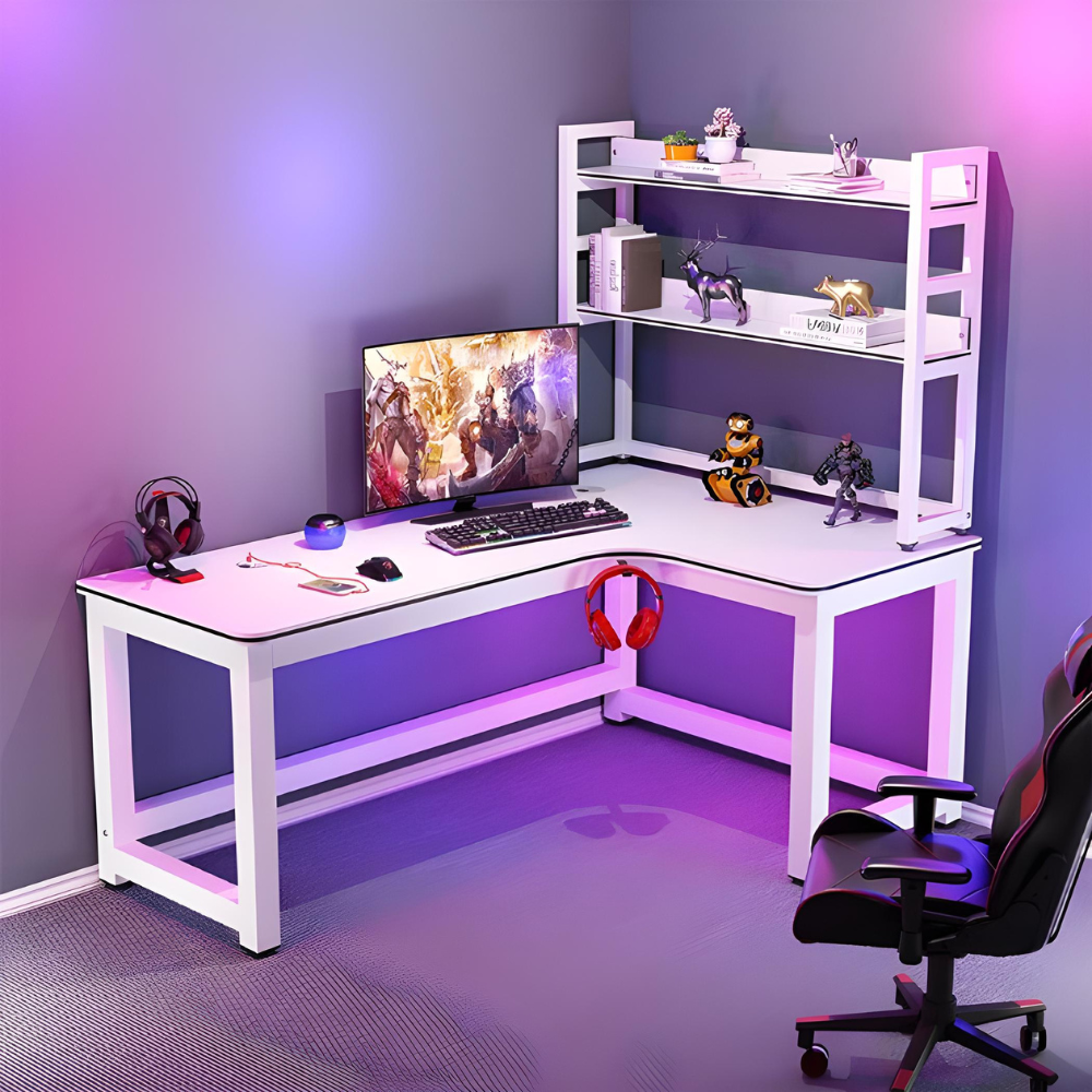 סט פינת גיימרים שולחן מחשב כתיבה ענק עם מדפים דגם RSM-2133 רוחב 1.2 מטר לבן וכסא מחשב אורטופדי דגם MSH-10-6 שחור ROSSO ITALY - יבואן רשמי