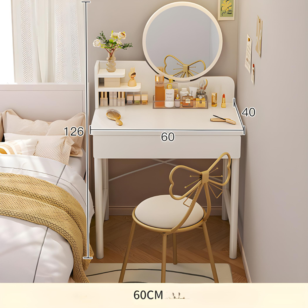 סט שידת איפור עם מראה רוחב 60 ס"מ דגם RSM-1014 צבע לבן והדום בד יוקרתי דגם RSM-3014 שמנת מבית ROSSO ITALY - יבואן רשמי