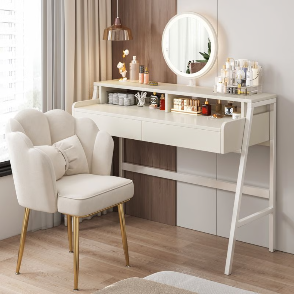 סט שידת איפור יוקרתית עם מראה ותאורת לד רוחב 1 מטר דגם RSM-2123 צבע לבן והדום בד יוקרתי דגם RSM-3014 שמנת מבית ROSSO ITALY - יבואן רשמי