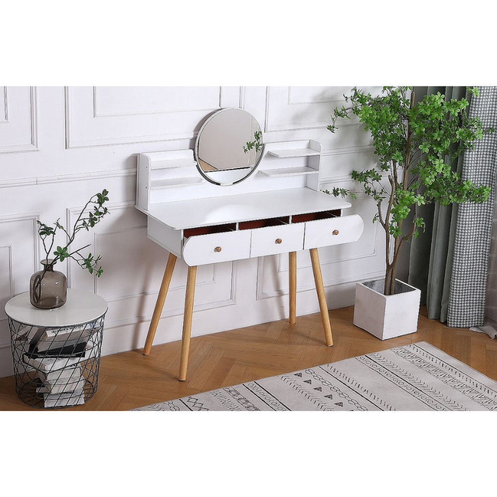 סט שידת איפור עם מראה רוחב 100 ס"מ דגם MSH-10-30 צבע לבן והדום בד יוקרתי דגם RSM-3014 שמנת מבית ROSSO ITALY - יבואן רשמי