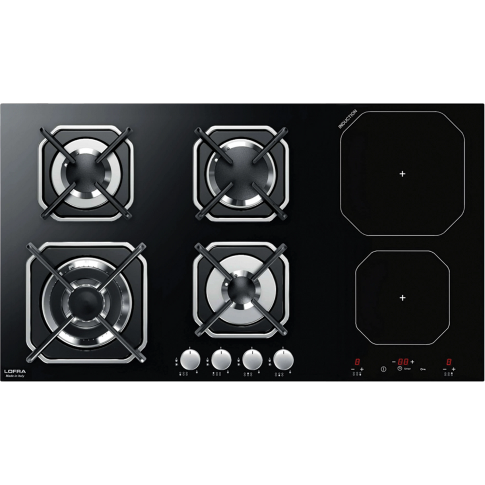 כיריים משולבות 4 להבות גז ו- 2 מוקדי בישול אינדוקציה 90 ס''מ Lofra HGN9G2I/GC05 תוצרת איטליה - חד פאזי - צבע שחור אחריות ע"י היבואן הרשמי