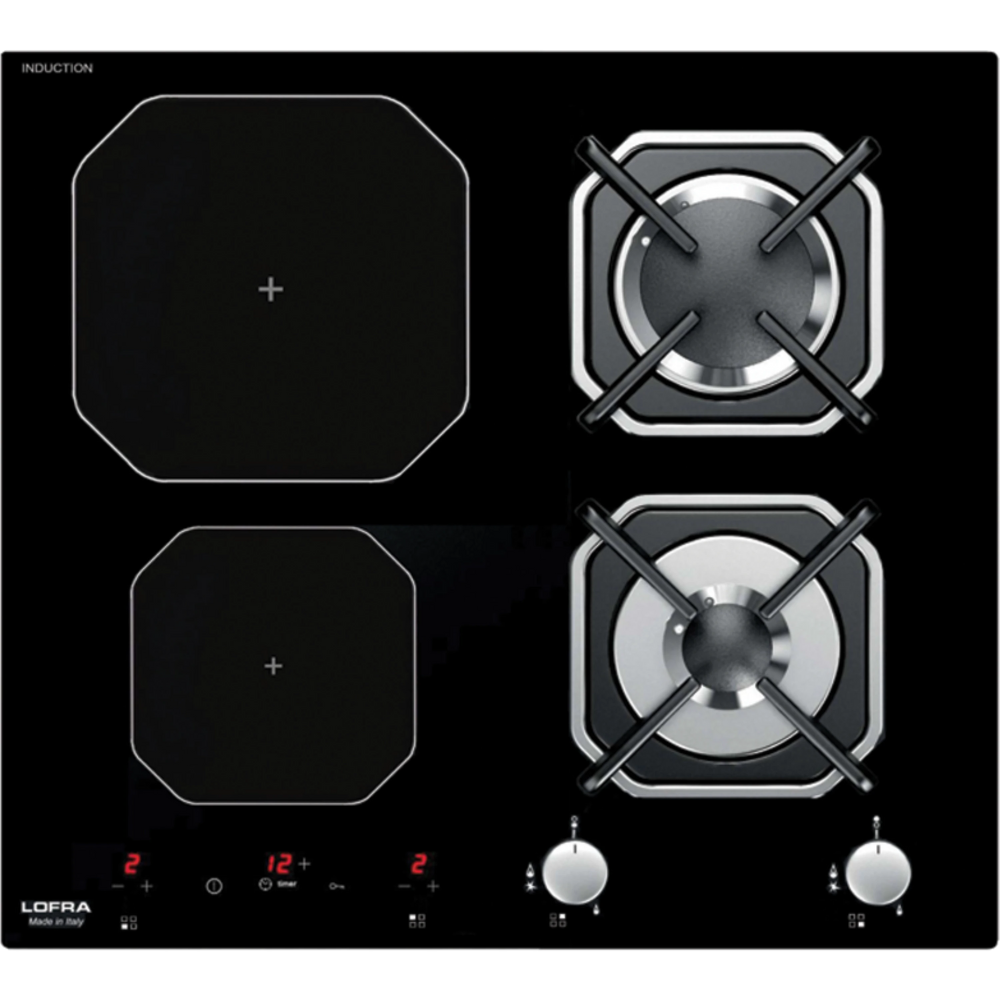 כיריים משולבות 2 להבות גז ו- 2 מוקדי בישול אינדוקציה 60 ס''מ Lofra HGN622I תוצרת איטליה - חד פאזי - צבע שחור אחריות ע"י היבואן הרשמי
