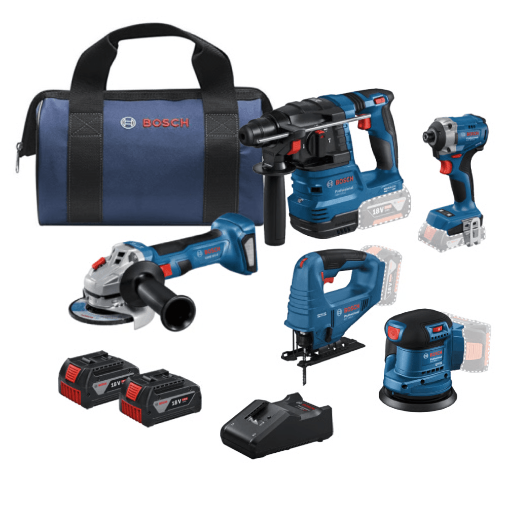 סט בוש 18V בראשלס - 5 חלקים עם 2 סוללות 4AH ומטען דגם: BOSCH-18V-5KIT-4AH - K.B.V