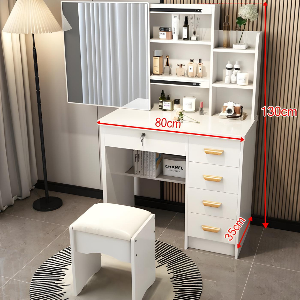 שידת איפור מודרנית רוחב 80 ס"מ דגם RSM-5024 עם מראה וכסא ROSSO ITALY - צבע לבן - יבואן רשמי