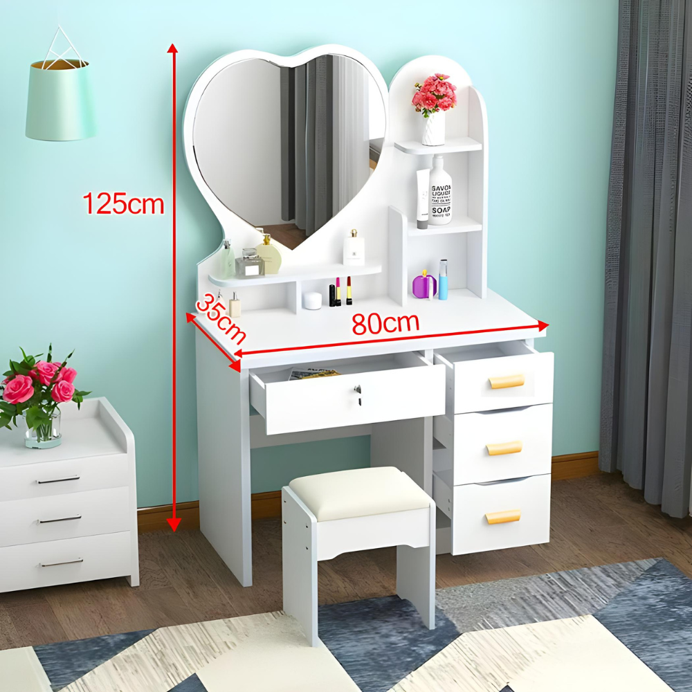 שידת איפור עם מראה צורת לב וכסא ברוחב 80 ס"מ לבן דגם ROSSO ITALY RSM-5013 - יבואן רשמי