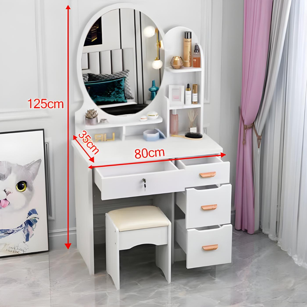 שידת איפור מודרנית רוחב 80 ס"מ דגם RSM-5017 עם מראה וכסא ROSSO ITALY - צבע לבן - יבואן רשמי