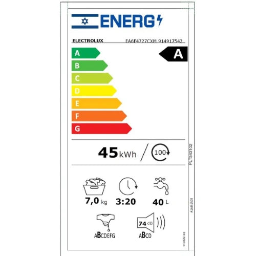 מכונת כביסה 7 ק"ג עם פתח קדמי 1200 סל"ד דגם EA6F4727CXM אלקטרולוקס ELECTROLUX - יבואן רשמי