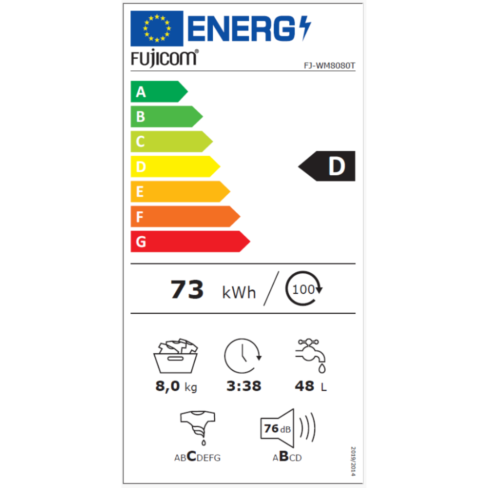 מכונת כביסה פתח חזית 8 ק''ג 1000 סל''ד Fujicom FJ-WM8080T - צבע לבן - יבואן רשמי