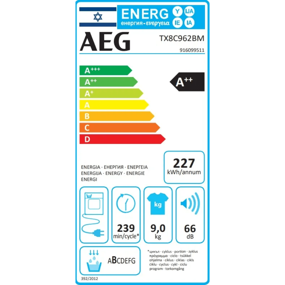 מייבש כביסה 9 ק"ג Heat Pump דגם AEG TX8C962BM - K.B.V