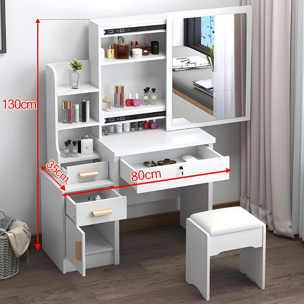 שידת איפור מודרנית עם מראה וכסא ברוחב 80 ס"מ לבן דגם ROSSO ITALY RSM-5020 - יבואן רשמי