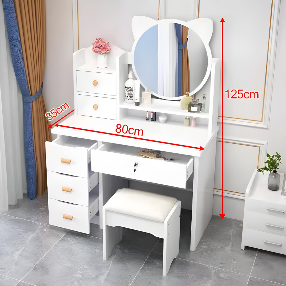 שידת איפור מודרנית עם מראה וכסא ברוחב 80 ס"מ לבן דגם ROSSO ITALY RSM-5023 - יבואאן רשמי