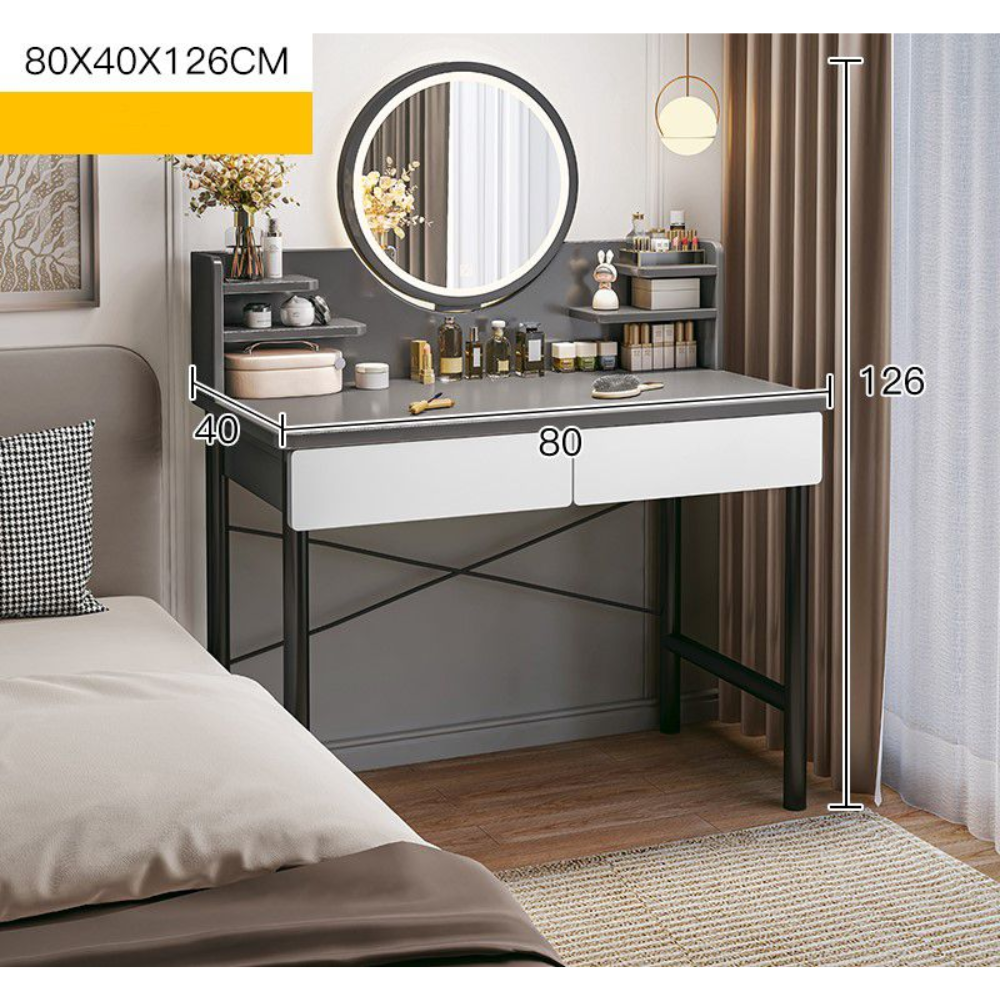 שידת איפור עם מראה ותאורת לד רוחב 80 ס"מ דגם RSM-2067 צבע אפור לבן מבית Rosso italy - יבואן רשמי