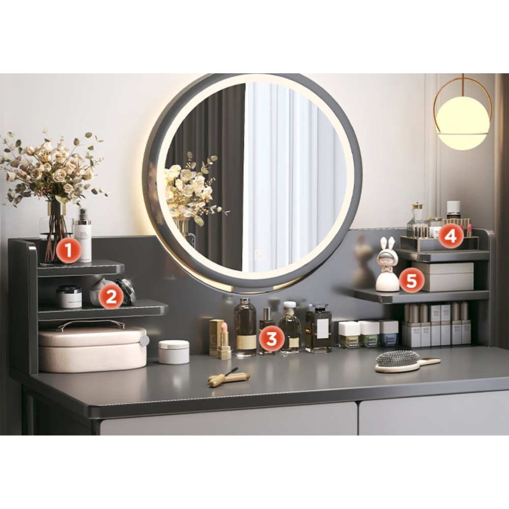 שידת איפור עם מראה ותאורת לד רוחב 80 ס"מ דגם RSM-2067 צבע אפור לבן מבית Rosso italy - יבואן רשמי