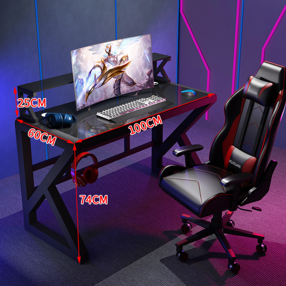 שולחן גיימרים מחשב כתיבה עם זכוכית יוקרתית ומדפים 100 ס"מ Rosso Italy RSM-1059 - צבע שחור - יבואן רשמי