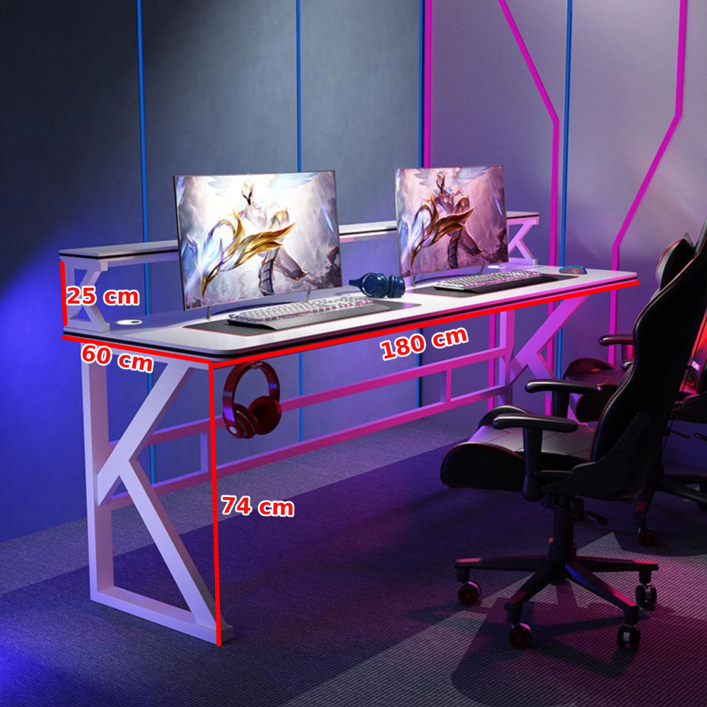 שולחן מחשב ענק לגיימרים עם מדפים רוחב 180 ס"מ Rosso Italy RSM-1058 - לבן - יבואן רשמי