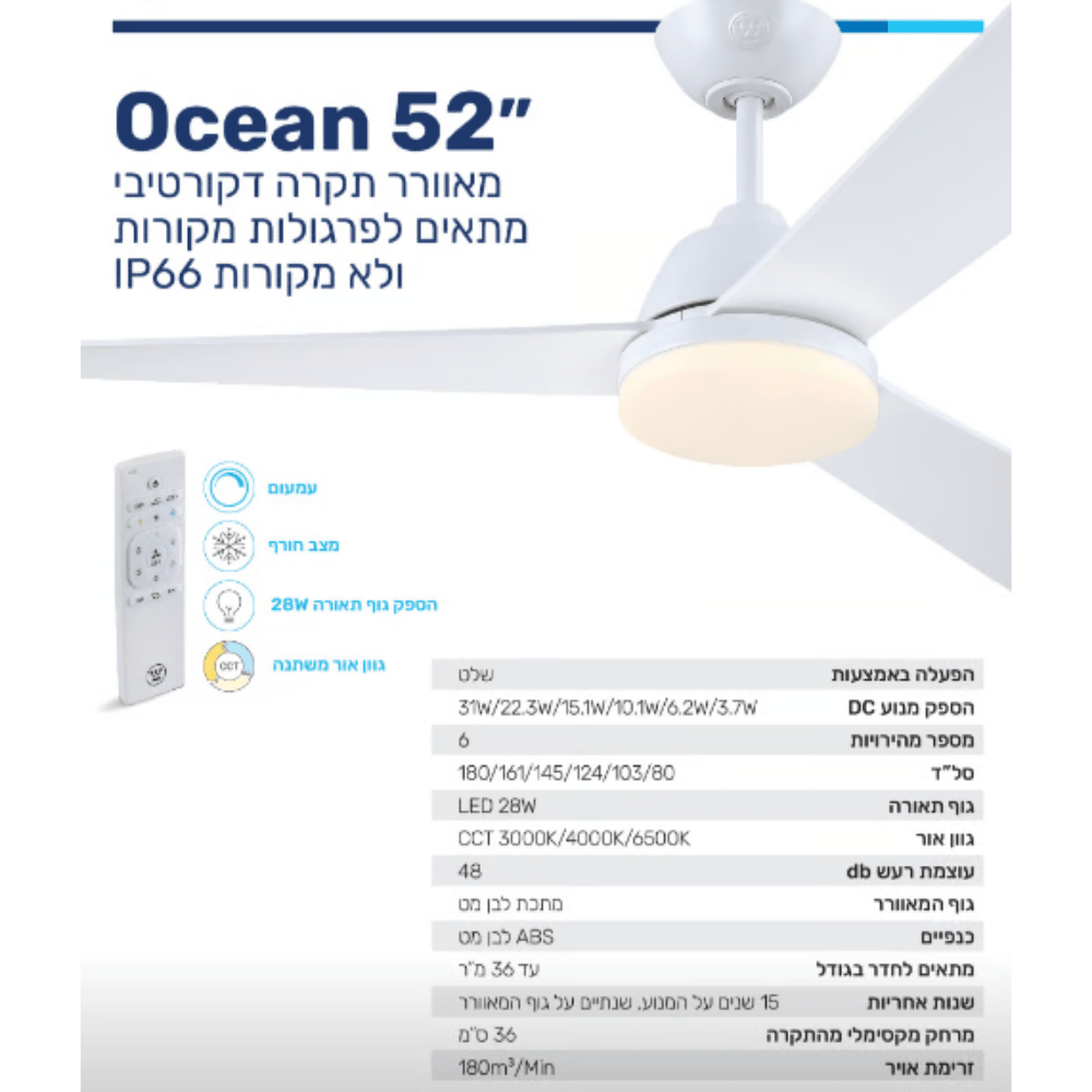 מאוורר תקרה לפרגולה Ocean IP66 ''52 DC שלט תאורה לבן מט Westinghouse - K.B.V