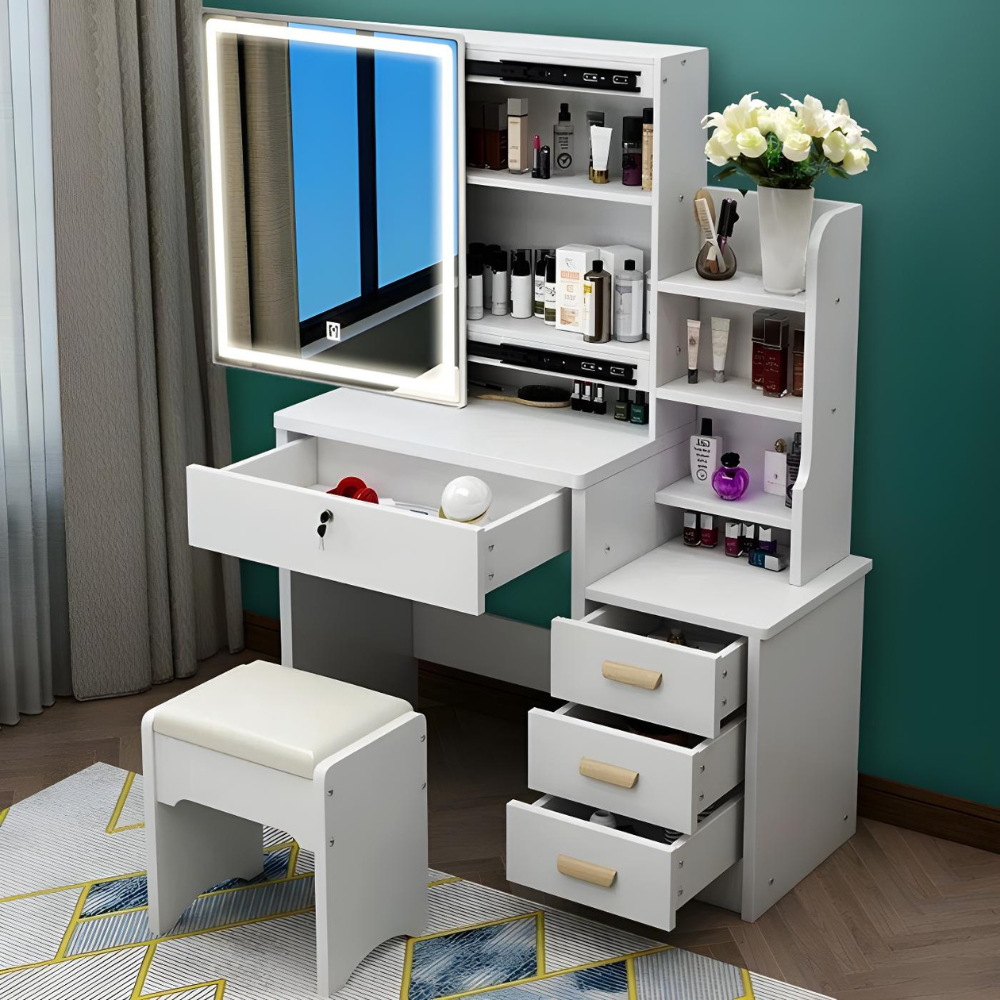 שידת איפור מודרנית רוחב 80 ס"מ RSM-5021 צבע לבן עם תאורת לד מראה וכסא ROSSO ITALY - יבואן רשמי