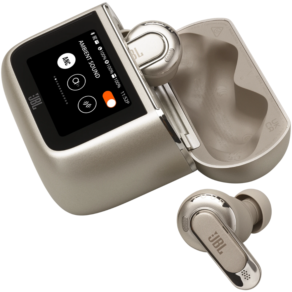 אוזניות אלחוטיות עם כיסוי חכם ומשתיק רעשים JBL Tour Pro 3 TWS - צבע בז שנה אחריות ע"י - יבואן הרשמי