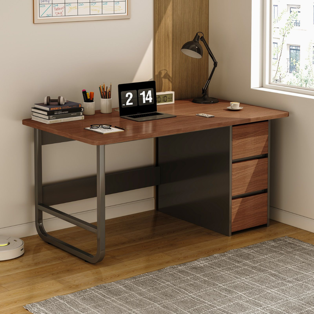 שולחן מחשב כתיבה כולל מגירות רוחב 100 ס"מ Rosso Italy MSR-1142 - צבע עץ כהה שלדה שחורה - יבואן רשמי