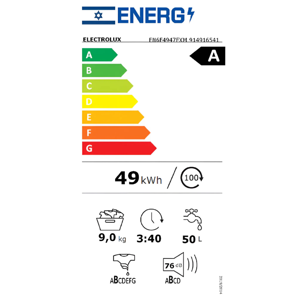 מכונת כביסה פתח חזית 9 ק''ג 1400 סל''ד Electrolux PerfectCare 600 EN6F4947FXM - צבע לבן דלת שחורה - תוצרת פולין - יבואן רשמי