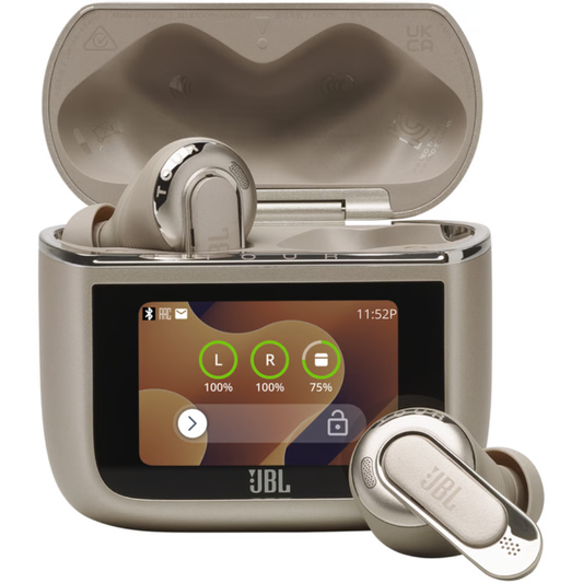 אוזניות אלחוטיות עם כיסוי חכם ומשתיק רעשים JBL Tour Pro 3 TWS - צבע בז שנה אחריות ע"י - יבואן הרשמי