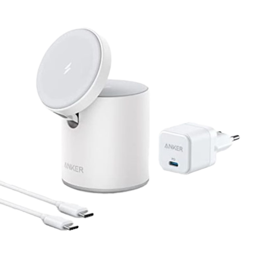 מטען אלחוטי 2 ב-1 Anker PowerWave Mag-Go - צבע לבן שנתיים אחריות ע"י - יבואן הרשמי